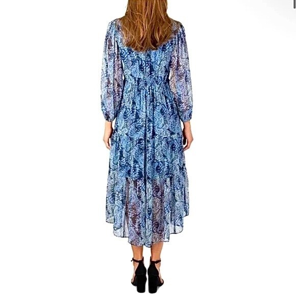 Joie Midi Dress Printed Blue Paisley Floral Chiffon V-Neck Long Sleeve NWT L - Picture 3 of 8